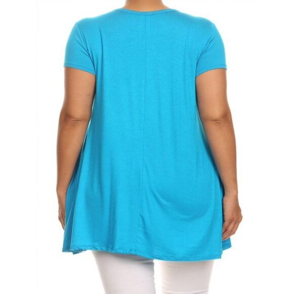 Women's Plus Size Turquoise Tunic Top With Pockets Scoop Neck Short Sleeves Stre - Picture 4 of 9
